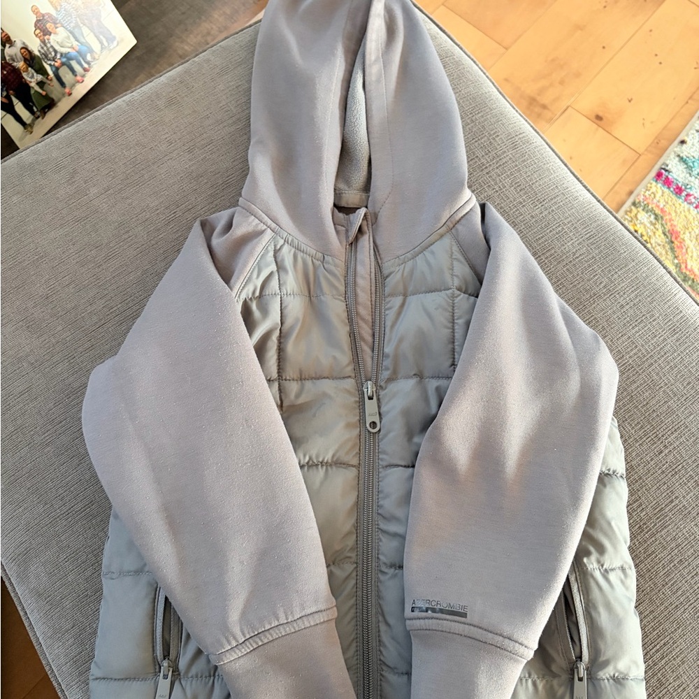 abercrombie kids Gray Hooded Puffer with Sweatshirt Sleeves